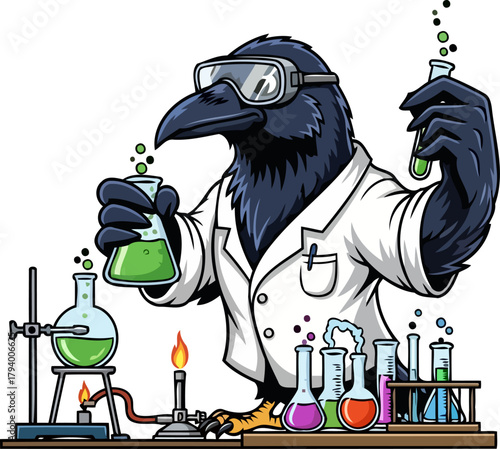 genius crow explores scientific wonders, diligently mixing colorful concoctions in the laboratory, isolated on transparent background
