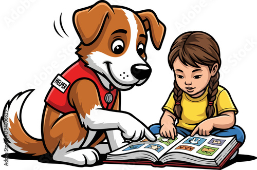 gentle helper dog inspires learning, guiding young mind through illustrated stories, isolated on transparent background