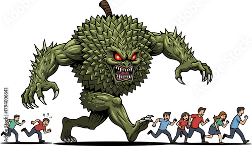 giant durian monster causes panic, chasing frightened people through chaotic scene, isolated on transparent background