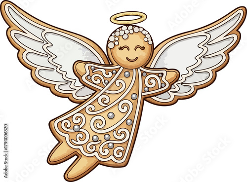 golden gingerbread angel, glistening with icing, soars gracefully, embodying holiday spirit, isolated on transparent background