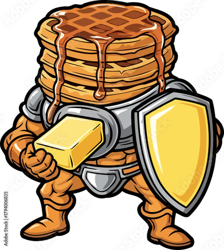 golden waffle warrior, drizzled in syrup, stands mighty, wielding a butter bar and shining shield, isolated on transparent background