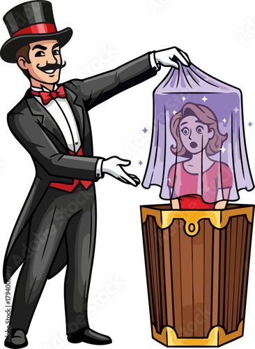 grand illusionist reveals astonished assistant a moment of stage magic wonder, isolated on transparent background