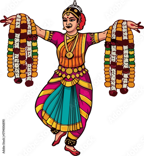 graceful indian dancer presents sacred garlands in a vibrant traditional performance, isolated on transparent background