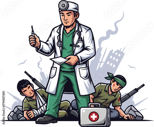 healers resolve compassionate doctor delivers urgent care amidst battlefield chaos, isolated on transparent background