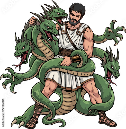 herculean might tames lethal lernaean serpent in mythological conquest, isolated on transparent background