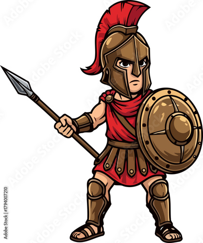 iconic spartan warrior stands resolute, shield and spear ready for any challenge, isolated on transparent background
