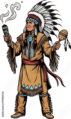 indigenous elder honors ancestral spirit with sacred sage and rhythmic rattle, isolated on transparent background