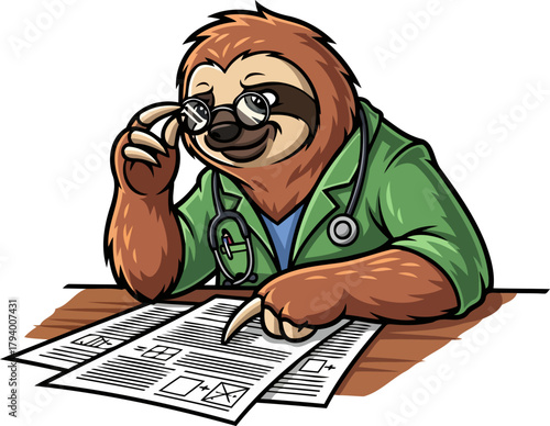 intellectual sloth meticulously examines complex schematics, unlocking solutions with deliberate insight, isolated on transparent background