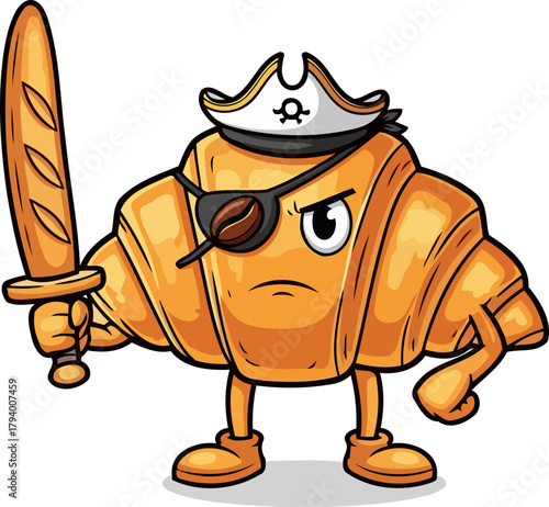 intrepid croissant pirate guards mornings golden treasures with a mighty baguette blade, isolated on transparent background
