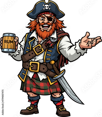 jolly buccaneer raises a rum tankard, welcoming all to grand adventures, isolated on transparent background