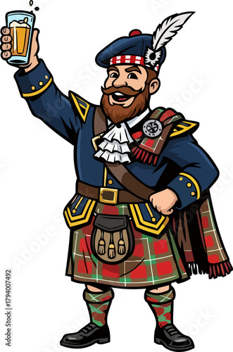 jovial scottish highlander raises a pint in festive cultural celebration, isolated on transparent background