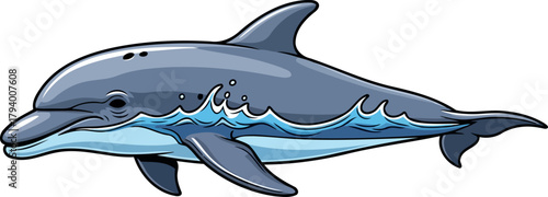 joyful marine friend cartoon dolphin playfully riding ocean waves with an inviting smile, isolated on transparent background
