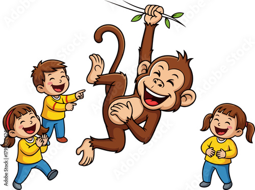 joyful monkey performs aerial stunts, eliciting giggles from enchanted little ones, isolated on transparent background
