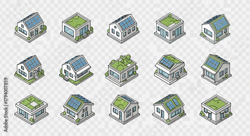 Isometric eco-friendly houses with solar panels and green roofs, showcasing sustainable architecture and environmental consciousness.