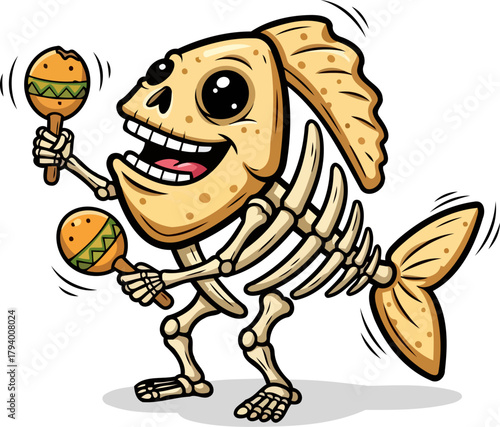 lively fish skeleton maraca maestro bringing undead fiesta rhythms to life, isolated on transparent background