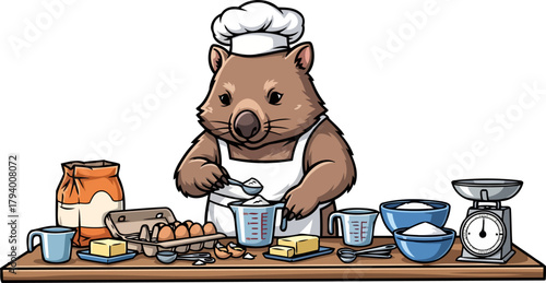 little wombat chef precisely mixes fresh ingredients, preparing a heartwarming batch of homemade goodness, isolated on transparent background
