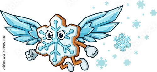 mighty icewinged cookie mascot soars, delivering winters chilly embrace across the lands, isolated on transparent background