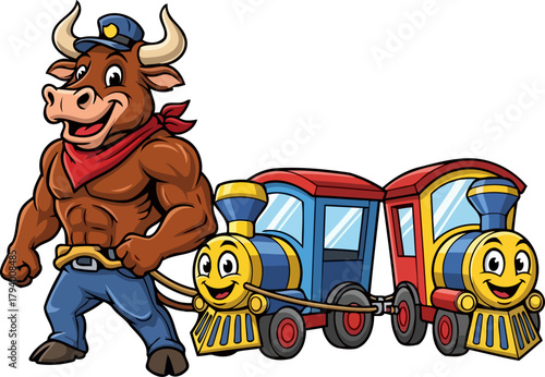 mighty bovine engineer powerfully commands a whimsical, joyful train expedition, isolated on transparent background