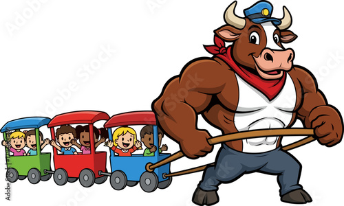 mighty bull conductor leads joyful children on a whimsical train adventure, isolated on transparent background