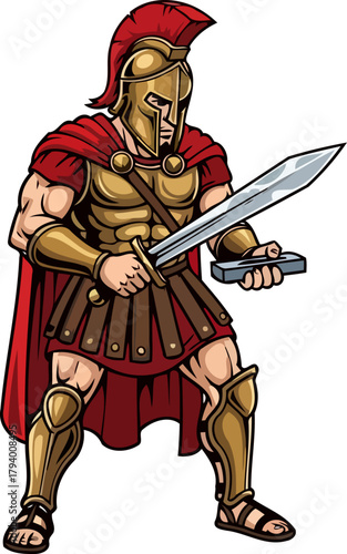 mighty spartan warrior prepares for battle, sharpening his legendary blade with purpose, isolated on transparent background