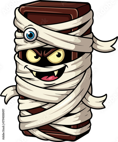 mischievous chocolate mummy awakens a sweet spook with a wacky googly eye, isolated on transparent background