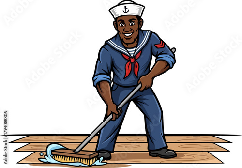 optimistic sailor expertly restores ships deck, reflecting joy in impeccable maritime maintenance, isolated on transparent background