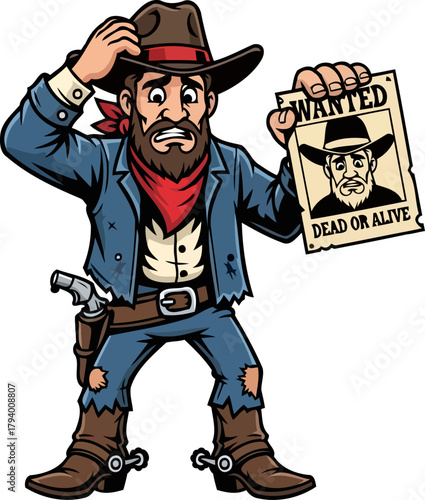 outlaws identity crisis startling discovery on a wild west wanted poster, isolated on transparent background