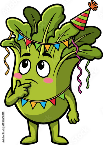 pensive bok choy character contemplates celebratory moments, full of gentle wonder, isolated on transparent background