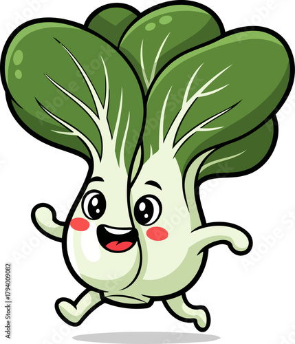 playful bok choy mascot joyfully running, inspiring fresh food choices, isolated on transparent background