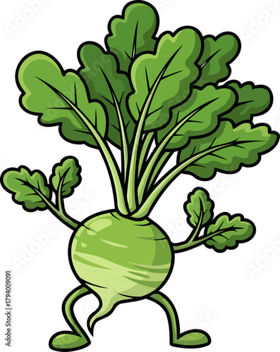 playful green kohlrabi mascot joyfully leaps into vibrant, healthconscious culinary adventures, isolated on transparent background