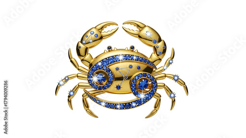Ornate golden crab emblem studded with shimmering blue gemstones on a dark background
