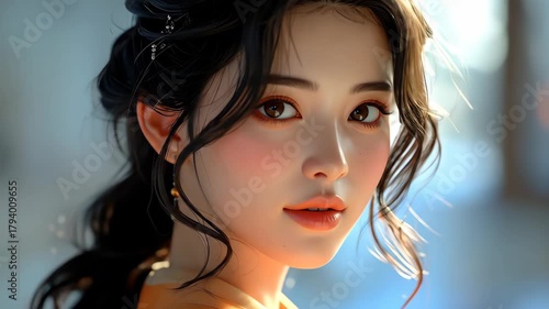 Beautiful Asian Woman Portrait with Elegant Makeup and Hair Style.