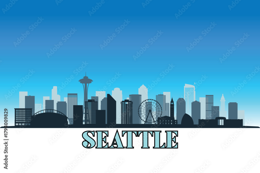 Obraz premium Global city Seattle shown in a detailed vector skyline with a bright blue sky