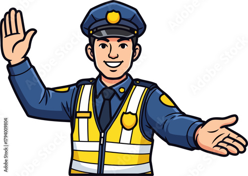 smiling authority directing paths, guiding journeys with confident, open hand, isolated on transparent background