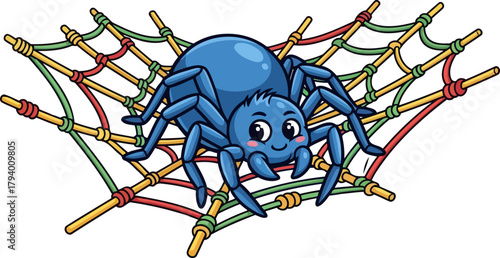 smiling cartoon spider relaxing on a cheerful, handcrafted, multicolored web structure, isolated on transparent background