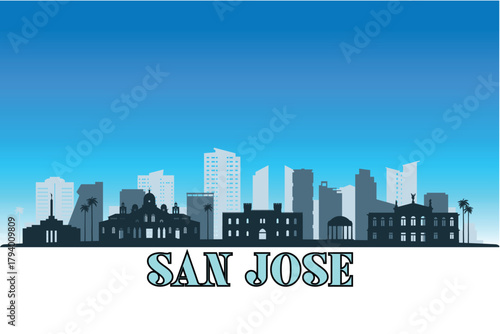 Global city San Jose shown in a detailed vector skyline with a bright blue sky