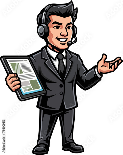 smiling digital expert offers tailored solutions, guiding clients through online information, isolated on transparent background