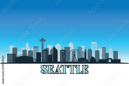 Global city Seattle shown in a detailed vector skyline with a bright blue sky