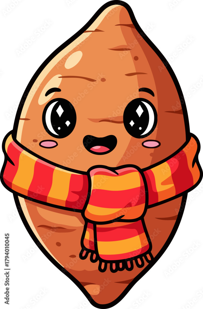 Fototapeta premium smiling sweet potato mascot, wrapped warmly, brings autumnal delight and comfort, isolated on transparent background