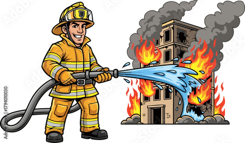 smiling sentinel of safety extinguishes raging inferno, protecting lives with valor, isolated on transparent background