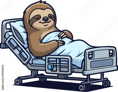 smiling sloth embraces leisurely recovery, finding calm comfort within a hospital bed, isolated on transparent background