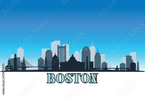 Global city Boston shown in a detailed vector skyline with a bright blue sky