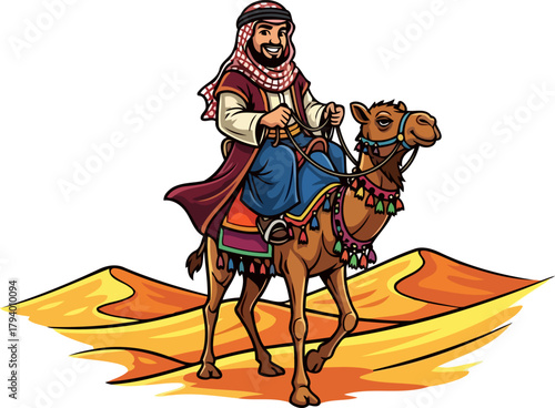 smiling wanderer gracefully traverses golden desert dunes atop his adorned camel, isolated on transparent background