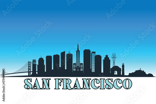 Global city San Francisco shown in a detailed vector skyline with a bright blue sky