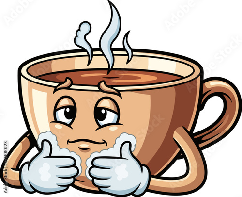steaming coffee cup mascot appreciating a morning brew with enthusiastic thumbs up, isolated on transparent background