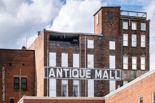 Old antique mall brick building in downtown Lynchburg, Virginia 