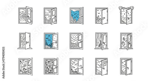 Discover new worlds and possibilities through open doors revealing imaginative landscapes and abstract concepts