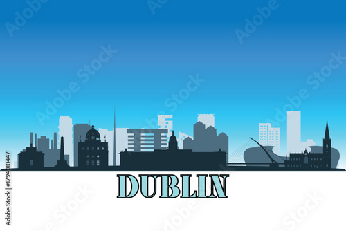 Global city Dublin shown in a detailed vector skyline with a bright blue sky