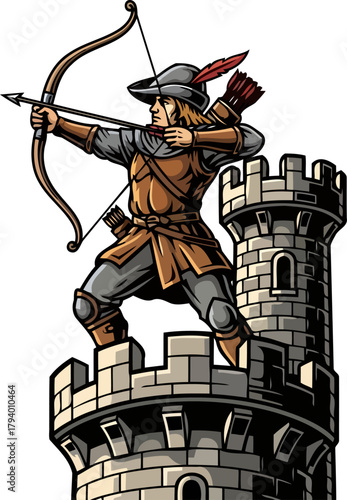 strategic vigilance medieval archer aims true from castle battlement, protecting the realm, isolated on transparent background