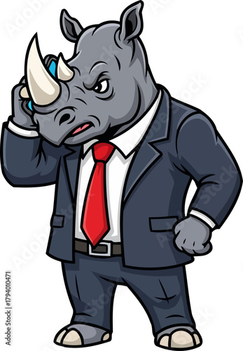 stern rhinoceros boss handles urgent call with unyielding corporate authority, isolated on transparent background